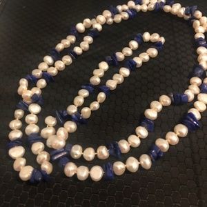 Pearl necklace, 20" with Lapis inserts